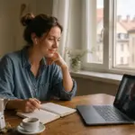 Frau lernt Italienisch im Videounterricht am Laptop, daneben Notizbuch, Espresso und Mokkakanne