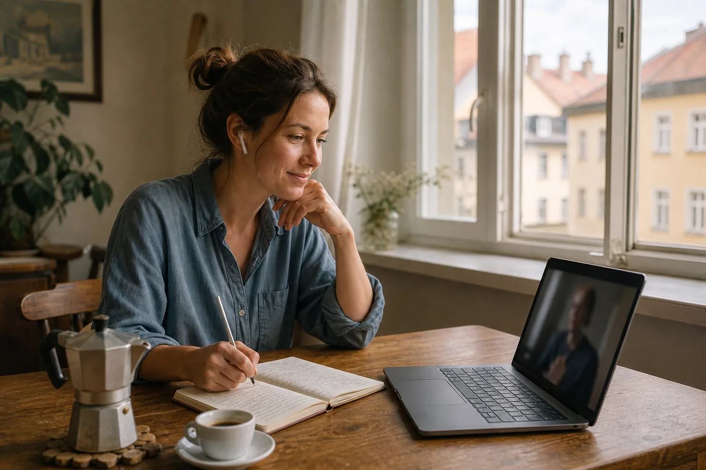 Frau lernt Italienisch im Videounterricht am Laptop, daneben Notizbuch, Espresso und Mokkakanne